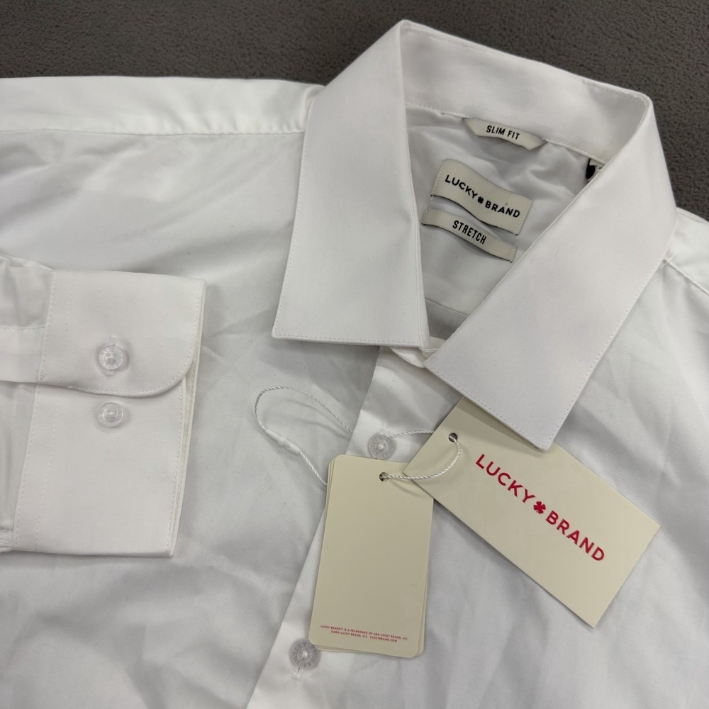 Lucky Brand Long Sleeve Dress Shirt Mens XL White Slim Fit Stretch Button Up NWT